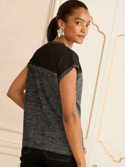 Love & Roses - Haut en satin à manches courtes et col en V Métallisé noir