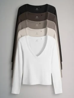 The Set Multicolore - lot de 5 t-shirts côtelés à col en V et manches longues Discount