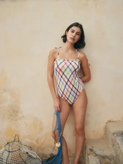 Next Multicolore/Blanc à Carreaux vifs - Maillot de bain bandeau froncé pour le contrôle du ventre Clearance