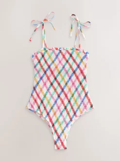 Next Multicolore/Blanc à Carreaux vifs - Maillot de bain bandeau froncé pour le contrôle du ventre Clearance