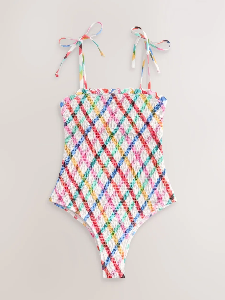 Next Multicolore/Blanc à Carreaux vifs - Maillot de bain bandeau froncé pour le contrôle du ventre Clearance