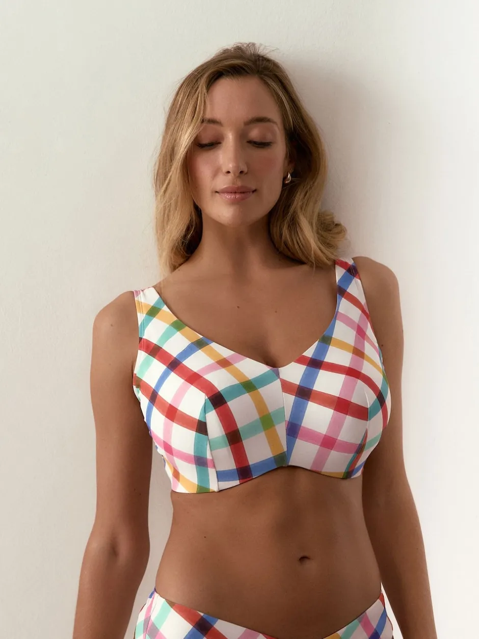 Next Multicolore/Blanc à Carreaux vifs - F - Haut de bikini K Ultimate Support Raccourci Wired New