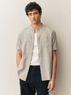 Next neutre - Col grand-père. - Chemise à manches courtes en lin et coton mélangés Clearance