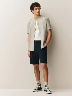 Next neutre - Col grand-père. - Chemise à manches courtes en lin et coton mélangés Clearance