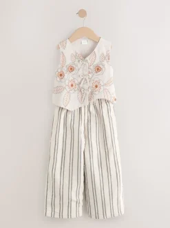 Next neutre - Ensemble gilet brodé et pantalons jambe large (3-16ans) Discount