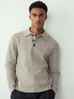 Next neutre - Polo à manches longues en maille côtelée confortable avec laine Hot