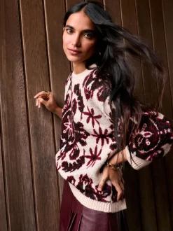 Next Neutre/Bordeaux - Pull à col rond Motif paisley Statement Clearance