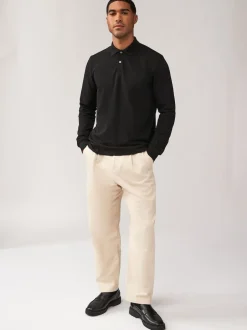 Next - Ajustement régulier - Polo à manches longues en piqué Noir Outlet