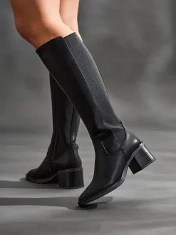 Linzi Noir - Bottes hautes Reason à talons carrés avec panneau extensible dans le dos Discount