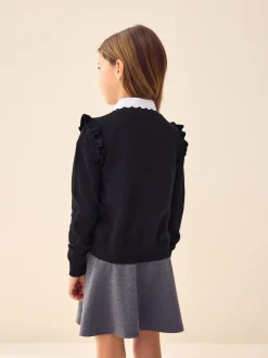 Next - Cardigan d'école à épaules volantées en coton riche (3-16ans) Noir Discount