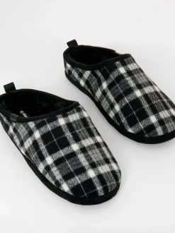 Threadbare Noir - Chaussons mules doublés de fausse fourrure à carreaux