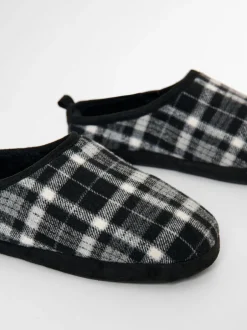 Threadbare Noir - Chaussons mules doublés de fausse fourrure à carreaux