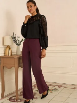 Love & Roses Noir - Chemisier Manches longues à Col rond avec empiècement en dentelle Clearance