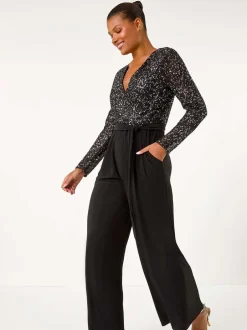 Roman Noir - Combinaison Sequin Wrap Col en V extensible Discount