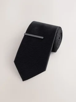 Next - Cravate texturée avec pince à cravate Noir