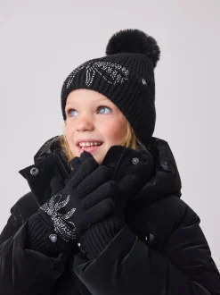 Baker by Ted Baker Noir - Ensemble bonnet et gants pour filles en maille à nœud et diamants Outlet