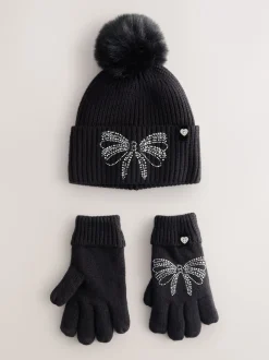 Baker by Ted Baker Noir - Ensemble bonnet et gants pour filles en maille à nœud et diamants Outlet