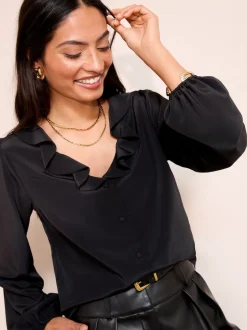 Friends Like These Noir - chemisier à volants boutonné sur le devant à manches longues Sale