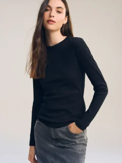 Next - Haut côtelé à manches longues et col ras du cou Noir Sale