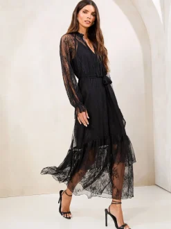Lipsy Noir - Lace Volants Manches longues Mi-long Robe Online