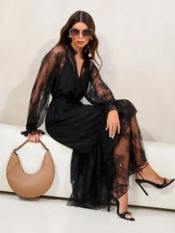 Lipsy Noir - Lace Volants Manches longues Mi-long Robe Online