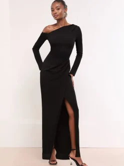 Lipsy Noir - Robe longue à manches longues sur l’épaule rassemblée Online