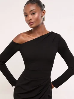 Lipsy Noir - Robe longue à manches longues sur l’épaule rassemblée Online