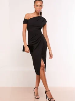 Lipsy Noir - Robe mi-longue à taille froncée et à épaules découvertes Hot