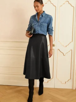 Love & Roses Noir - Jupes mi-long ajustées et flamboyantes en faux cuir Discount