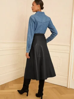 Love & Roses Noir - Jupes mi-long ajustées et flamboyantes en faux cuir Discount