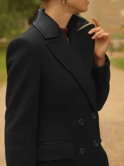 Love & Roses Noir - Manteau long à double boutonnage avec col en similicuir en PU Outlet