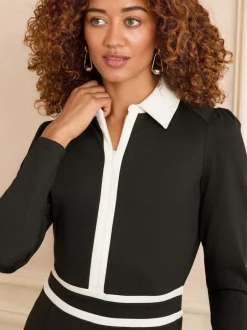 Love & Roses Noir - Ponte Contrast Trim Zip Front Manches longues Mi-long Robe Outlet