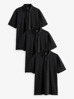 Next - Polo en jersey Manches courtes 3 Pack Noir Clearance
