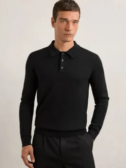 Reiss - Polo Trafford en laine mérinos à manches longues Noir New