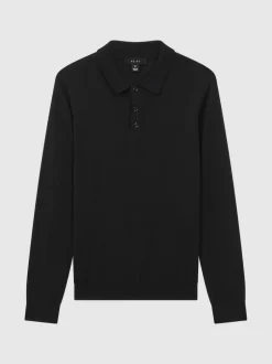 Reiss - Polo Trafford en laine mérinos à manches longues Noir New