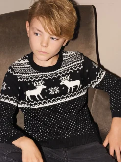 The Little Tailor Noir - Pull motif jacquard renne de Noël enfant Hot