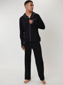 Loungeable Noir - Pyjama gaufré traditionnel Clearance