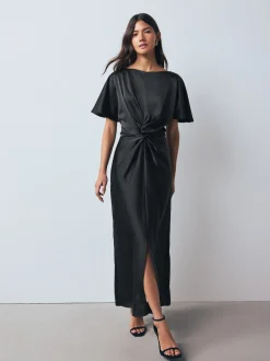 Next Noir - Robe mi-longue texturée en Satin à Manches courtes torsadée sur le devant Outlet