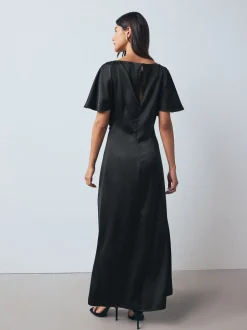 Next Noir - Robe mi-longue texturée en Satin à Manches courtes torsadée sur le devant Outlet