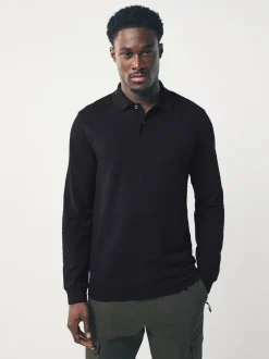 Next Noir - Slim Fit (Slim Fit) - Polo à manches longues en piqué Sale