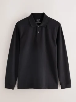Next Noir - Slim Fit (Slim Fit) - Polo à manches longues en piqué Sale