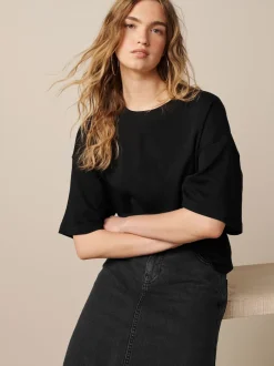 Next - T-shirt oversize décontracté boxy épais à col ras du cou Noir Discount