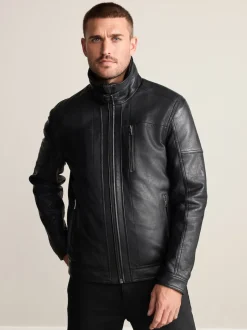 Next Noir - Veste en cuir Signatures à quatre poches doublée Borg Clearance