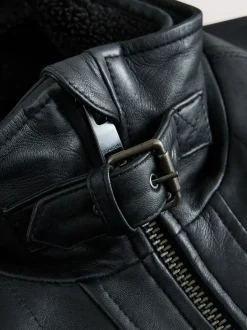 Next Noir - Veste en cuir Signatures à quatre poches doublée Borg Clearance