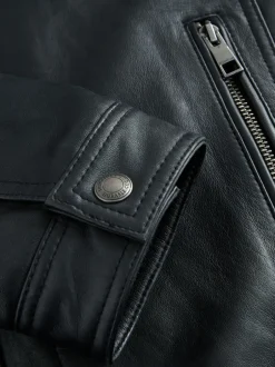 Next Noir - Veste en cuir Signatures à quatre poches doublée Borg Clearance