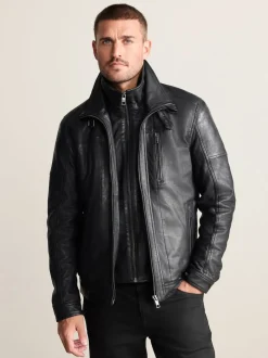 Next Noir - Veste en cuir Signatures à quatre poches doublée Borg Clearance