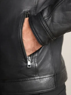 Next Noir - Veste en cuir Signatures à quatre poches doublée Borg Clearance