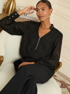 Love & Roses Noir en tissu dévoré - Chemisier zippé à manches longues sur le devant New