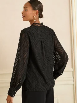 Love & Roses Noir en tissu dévoré - Chemisier zippé à manches longues sur le devant New