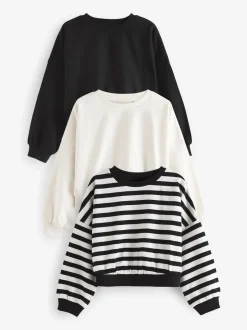 Next Noir/Blanc - Boxy Long Sleeve 100% Cotton Sweat Tops Pack de 3 (3-16ans) Sale